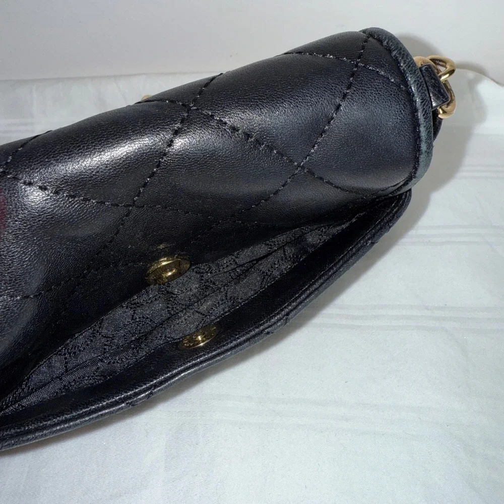 Michael Kors Black Quilted‎ Leather Crossbody Bag Gold Chain MK Logo